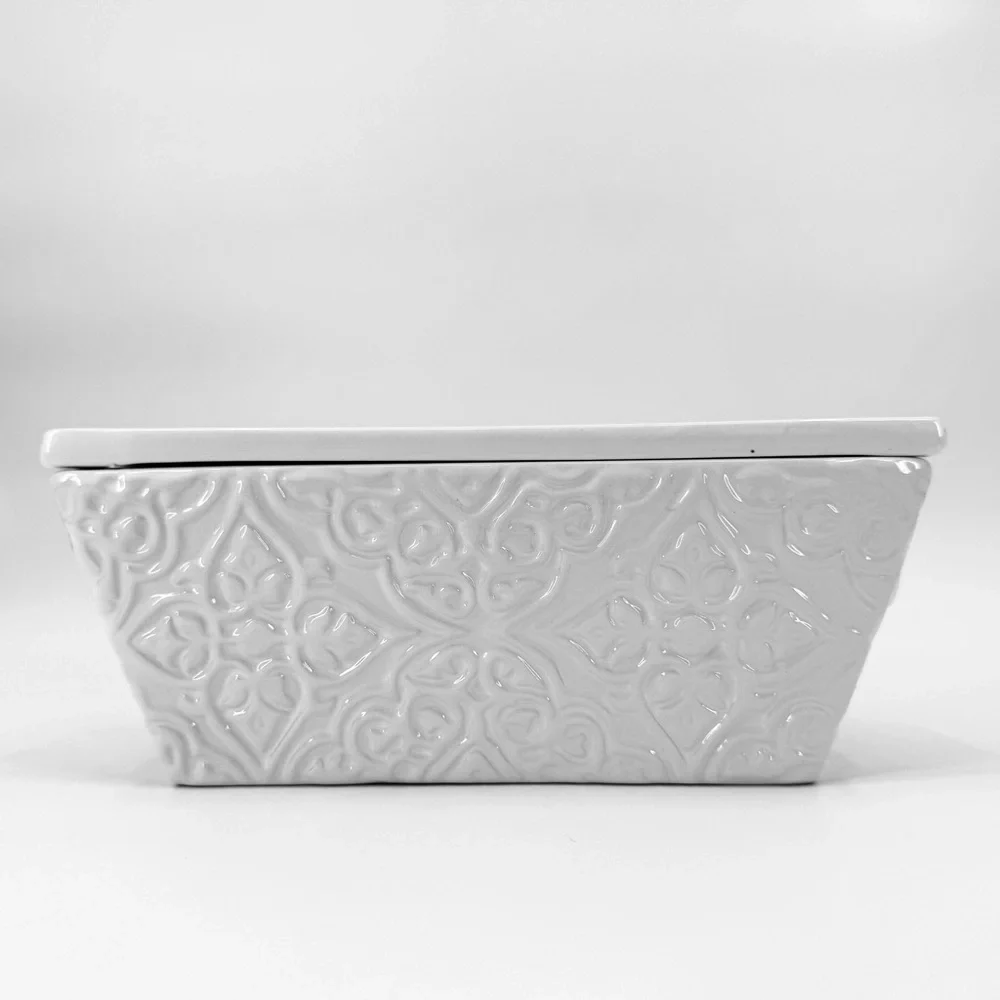 Real Home Earthenware Embossed Scroll 9” Lidded Loaf Dish